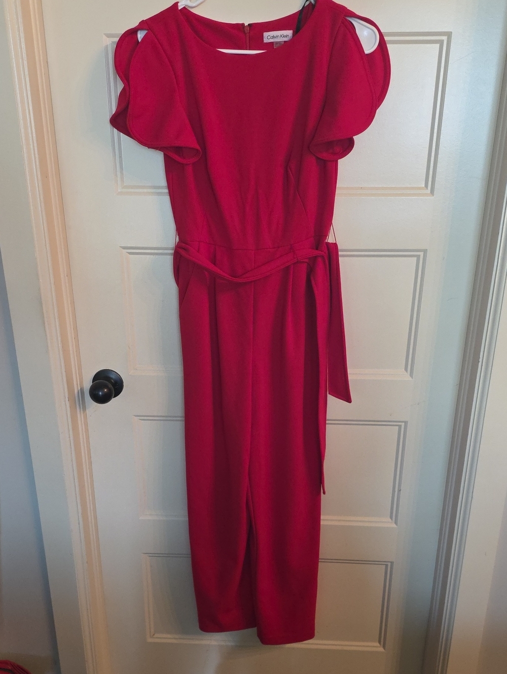 Calvin Klein Crimson Flutter-Sleeve Belted Jumpsuit